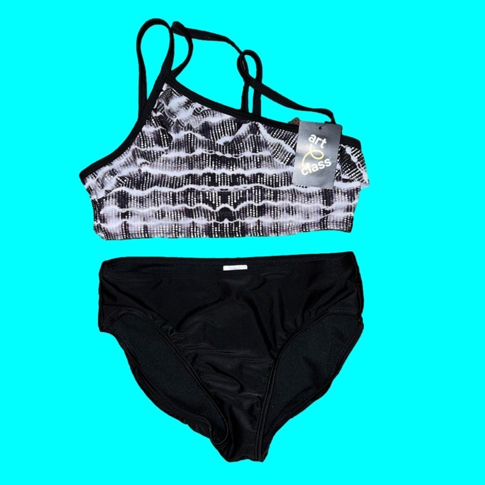 Nwt Big girl’s 3 piece Black & White bikini bathing suit - one top 2  bottoms